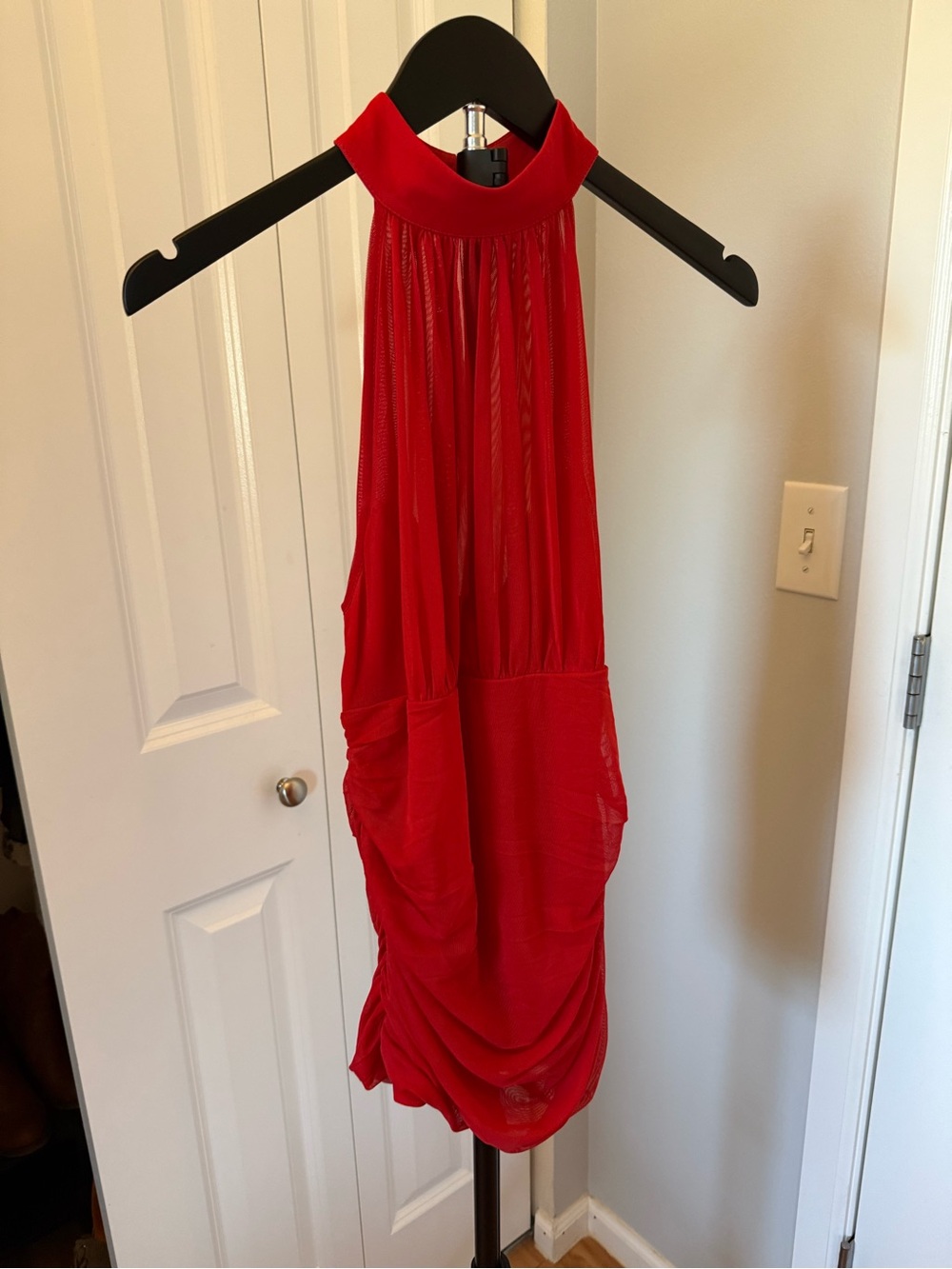VENUS Red Mesh Halter Blouse Small Ruched Tunic Top